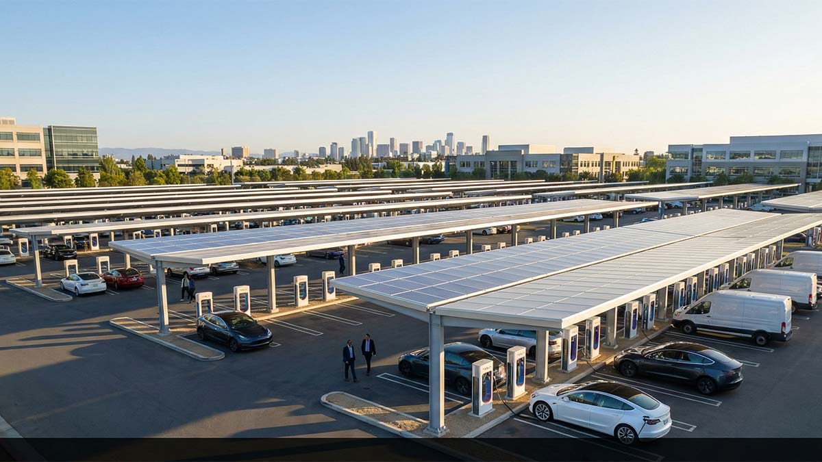 商業用ソーラーカーポートと両面受光モジュール、EV充電スタンドを備えた企業駐車場の全景（2026年 サステナビリティ白書イメージ）。